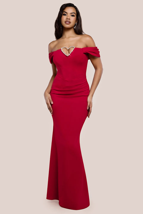 Diamante Heart Trim Evening Maxi Dress - Red by Goddiva