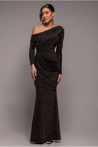 Off The Shoulder Gathered Panel Sparkle Lurex Maxi Dress - Black Gold by Goddiva