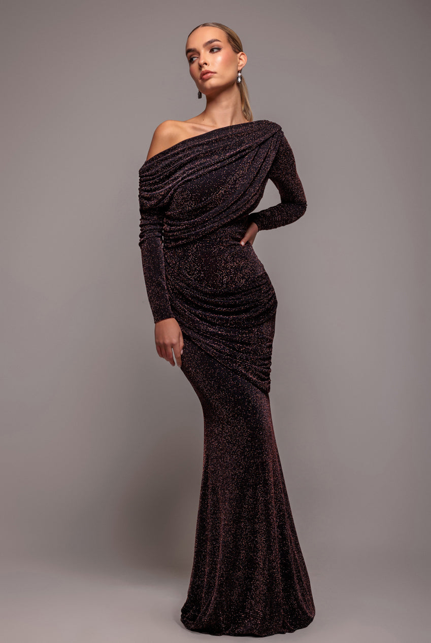 Off The Shoulder Gathered Panel Sparkle Lurex Maxi Dress - Black Rose DR4675