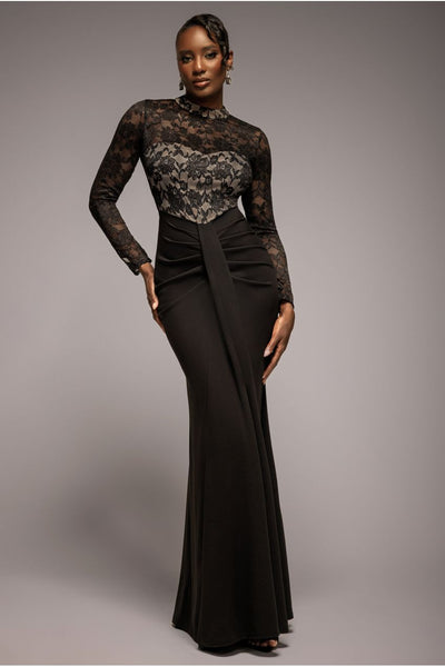 Black - Lace High Neck Sheer Bodice Long Sleeve Maxi Dress - Black by Goddiva