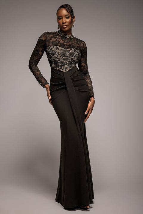 Lace High Neck Sheer Bodice Long Sleeve Maxi Dress - Black by Goddiva