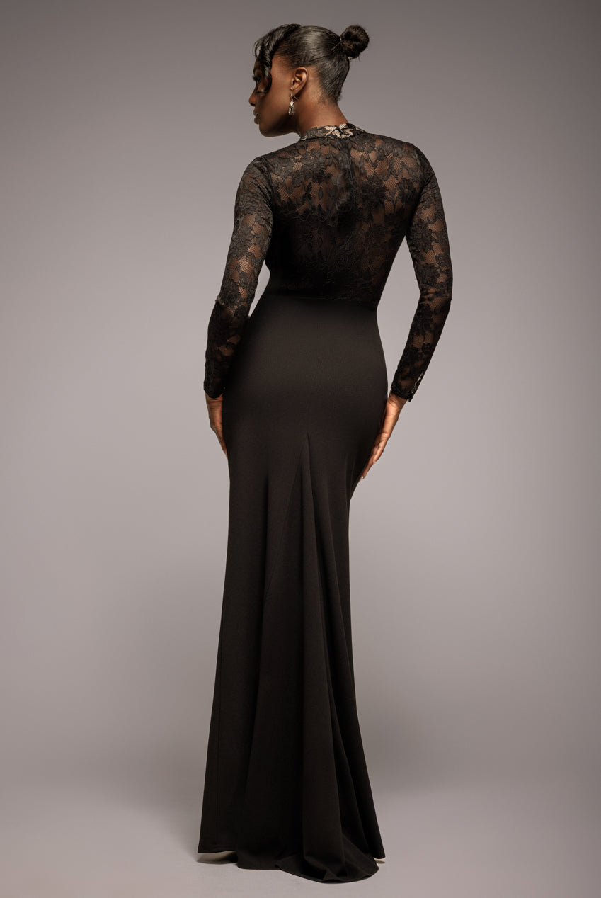 Lace High Neck Sheer Bodice Long Sleeve Maxi Dress - Black DR4677