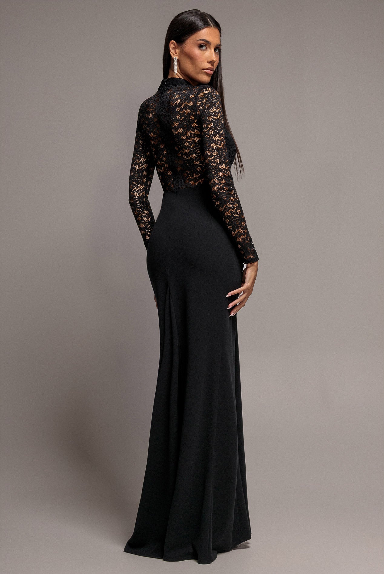 Lace High Neck Sheer Bodice Long Sleeve Maxi Dress - Black DR4677