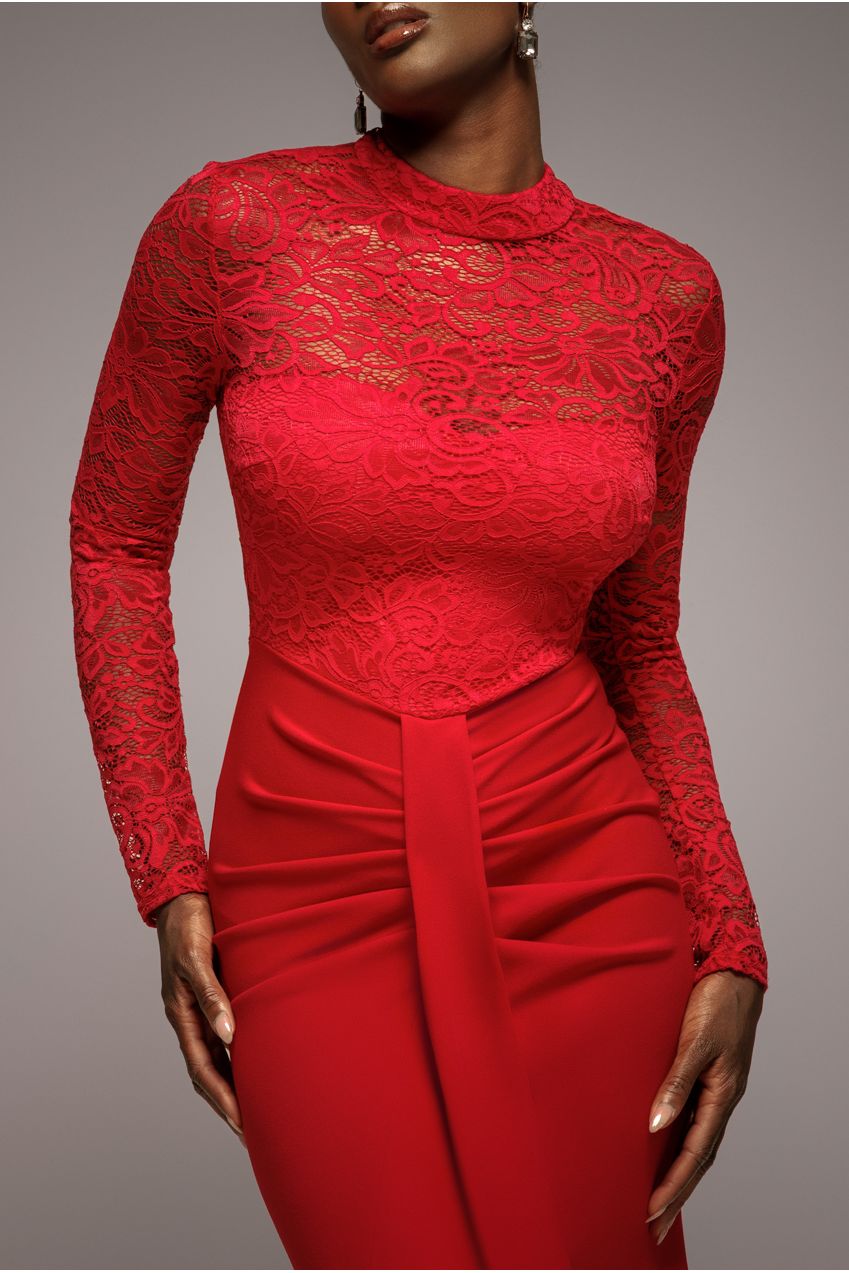 Lace High Neck Sheer Bodice Long Sleeve Maxi Dress - Red | Goddiva Lace High Neck Sheer Bodice Long Sleeve Maxi Dress - Red | Goddiva