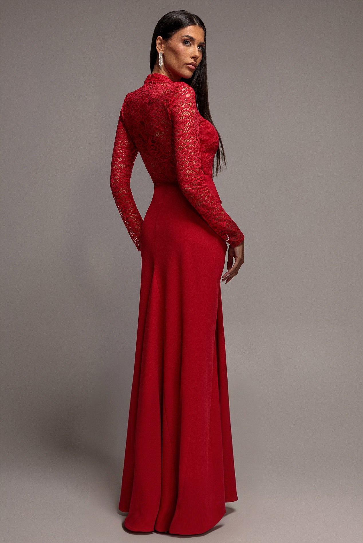 Lace High Neck Sheer Bodice Long Sleeve Maxi Dress - Red DR4677