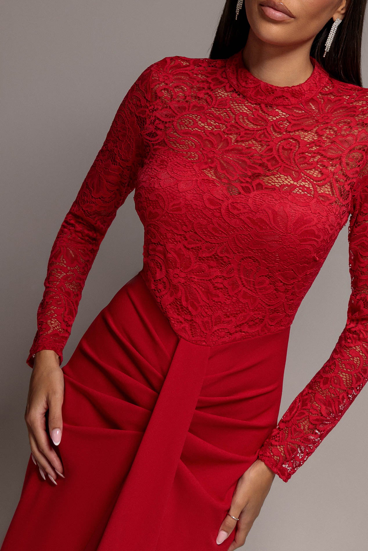 Lace High Neck Sheer Bodice Long Sleeve Maxi Dress - Red DR4677