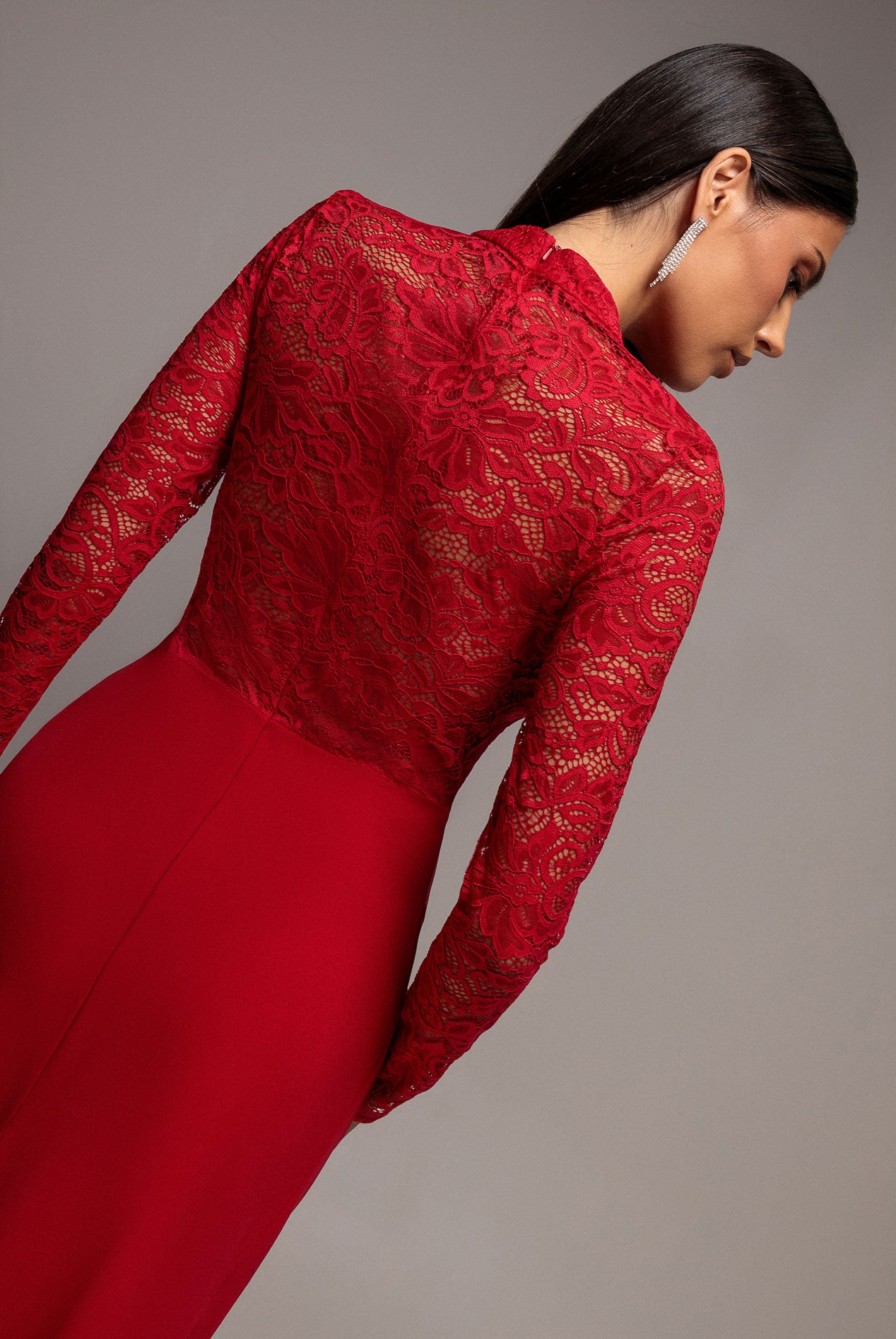 Lace High Neck Sheer Bodice Long Sleeve Maxi Dress - Red DR4677