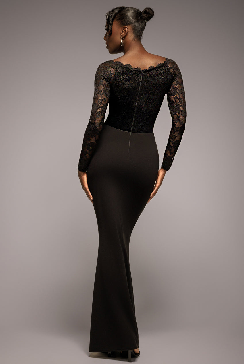 Scalloped Lace Bodice Long Sleeve Bardot Maxi Dress - Black DR4678