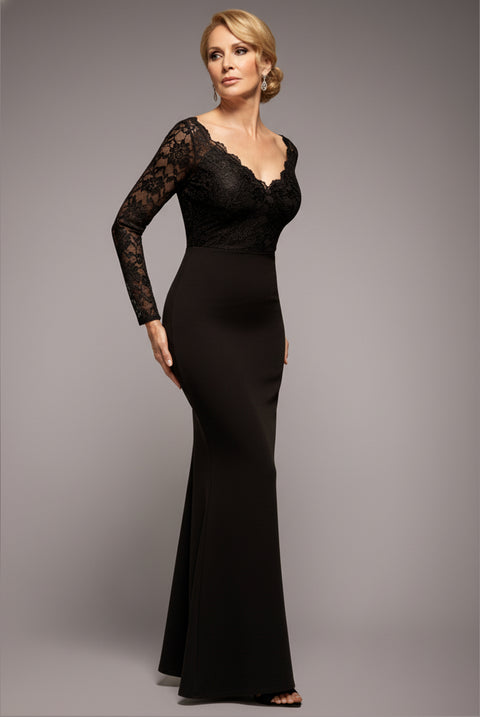 Scalloped Lace Bodice Long Sleeve Bardot Maxi Dress - Black by Goddiva