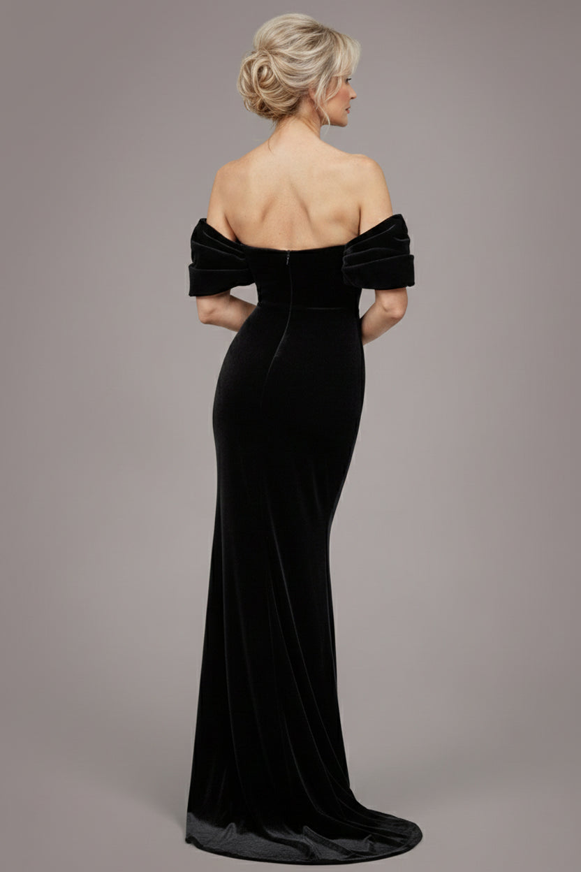Off The Shoulder Deep Plunge Velvet Maxi Dress - Black DR4692M