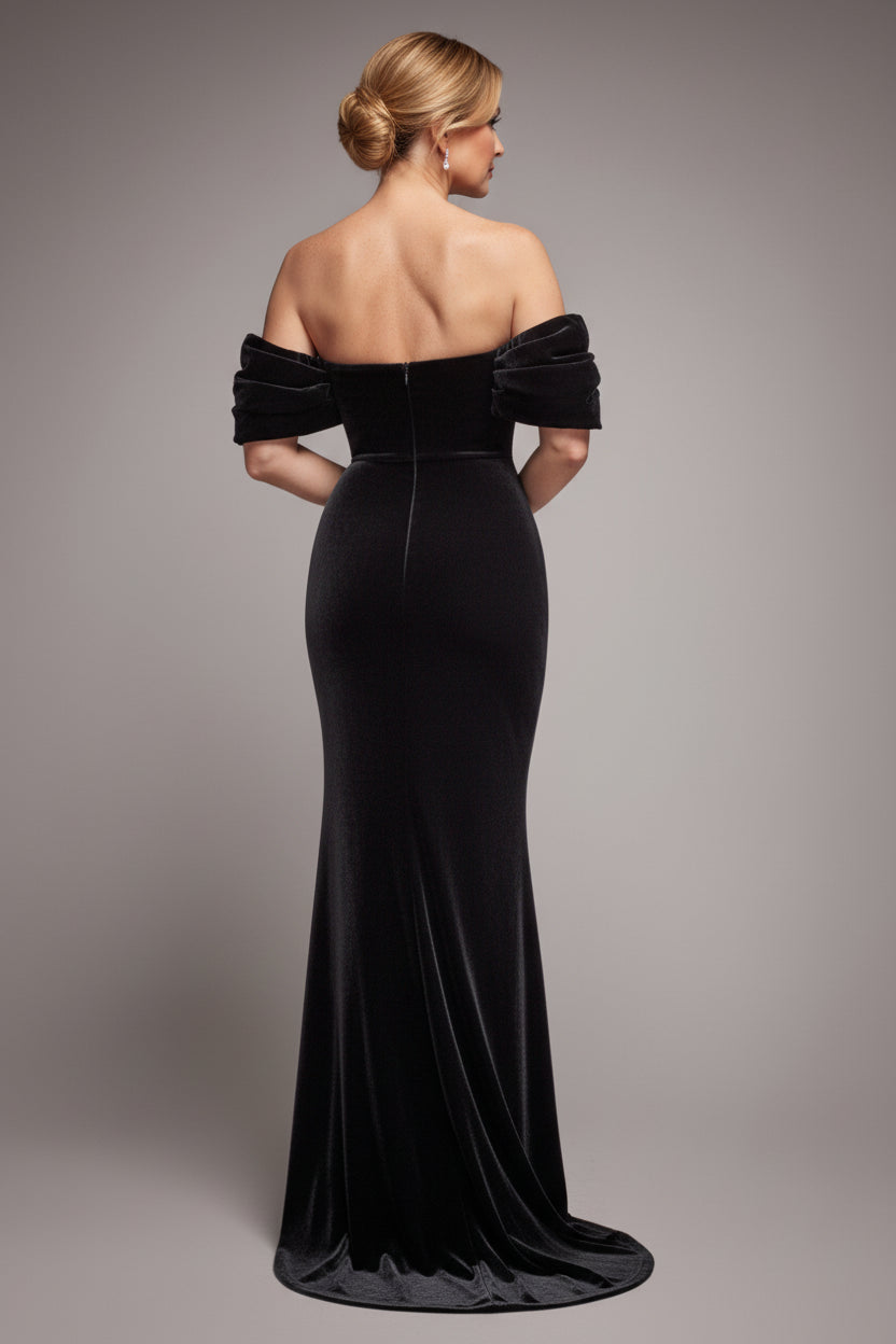 Off The Shoulder Deep Plunge Velvet Maxi Dress - Black DR4692M