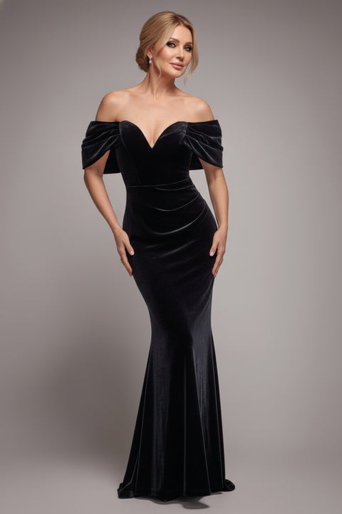 Off The Shoulder Deep Plunge Velvet Maxi Dress - Black by Goddiva
