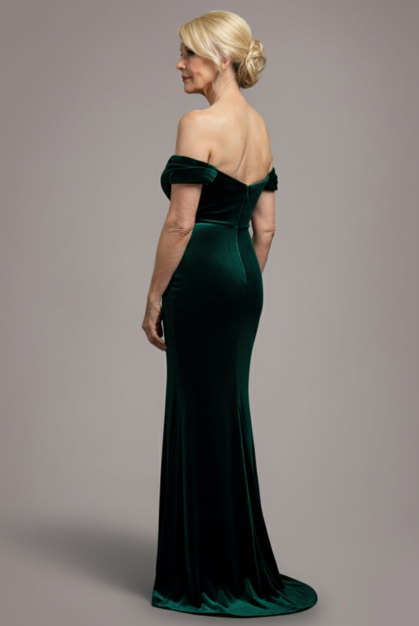 Off The Shoulder Deep Plunge Velvet Maxi Dress - Emerald Green DR4692M