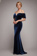 Off The Shoulder Deep Plunge Velvet Maxi Dress - Navy Blue by Goddiva