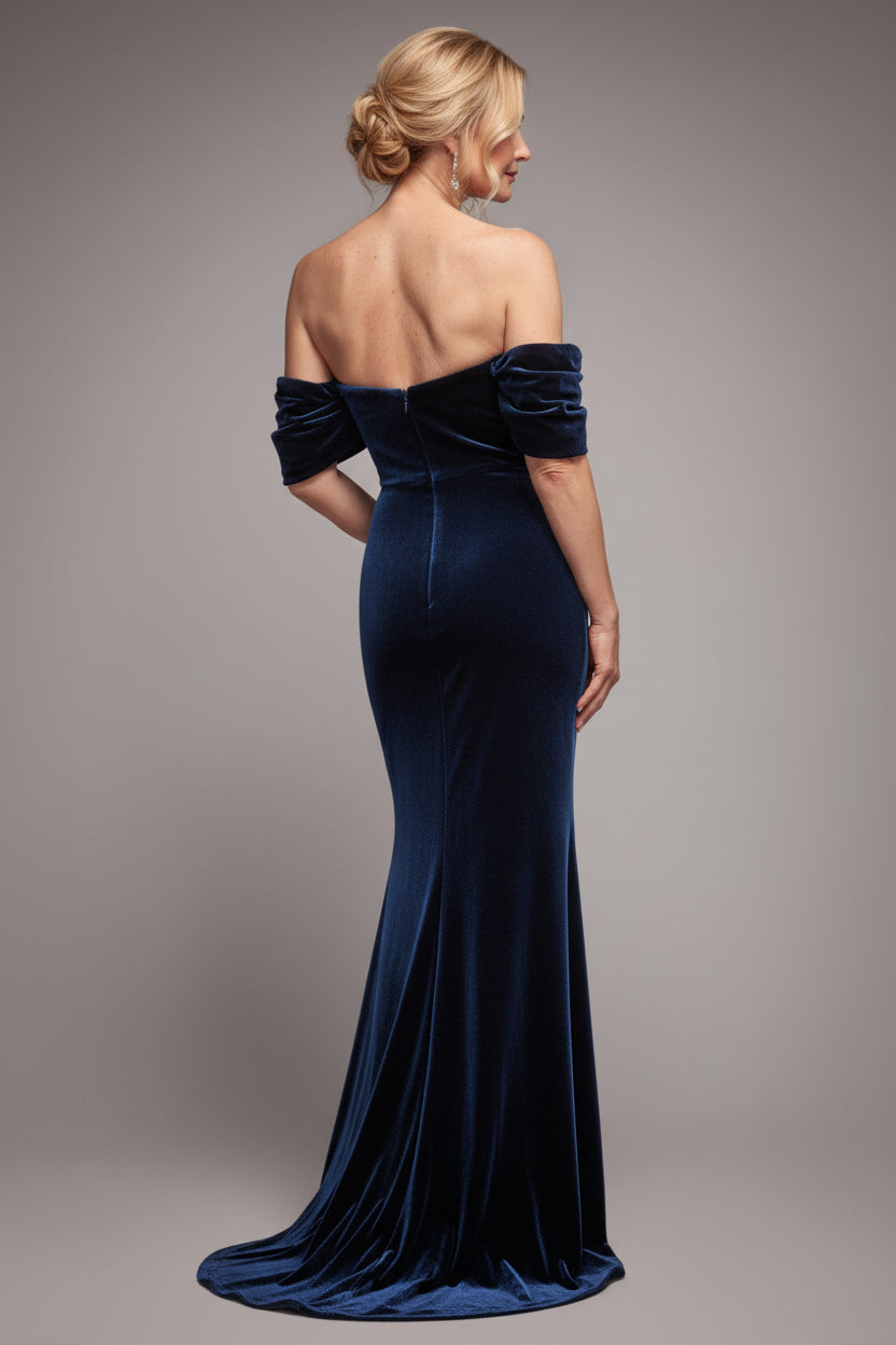 Off The Shoulder Deep Plunge Velvet Maxi Dress - Navy Blue DR4692M