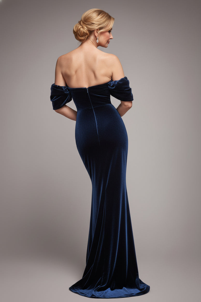 Off The Shoulder Deep Plunge Velvet Maxi Dress - Navy Blue DR4692M