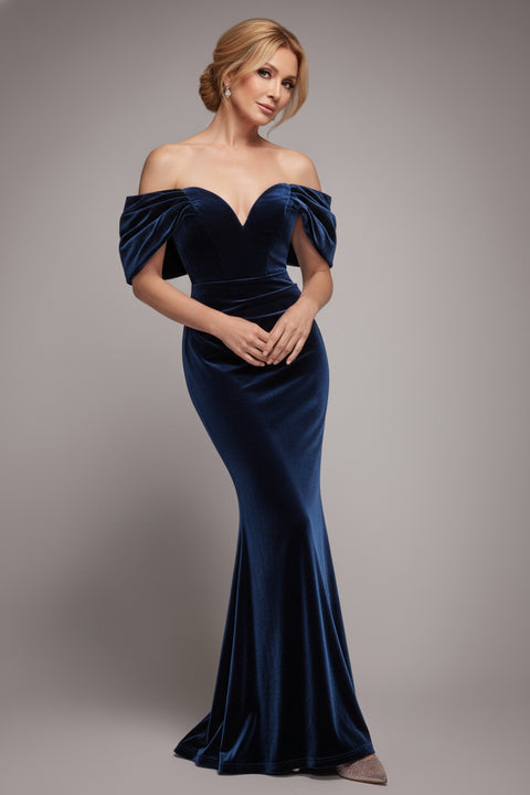 Off The Shoulder Deep Plunge Velvet Maxi Dress - Navy Blue by Goddiva