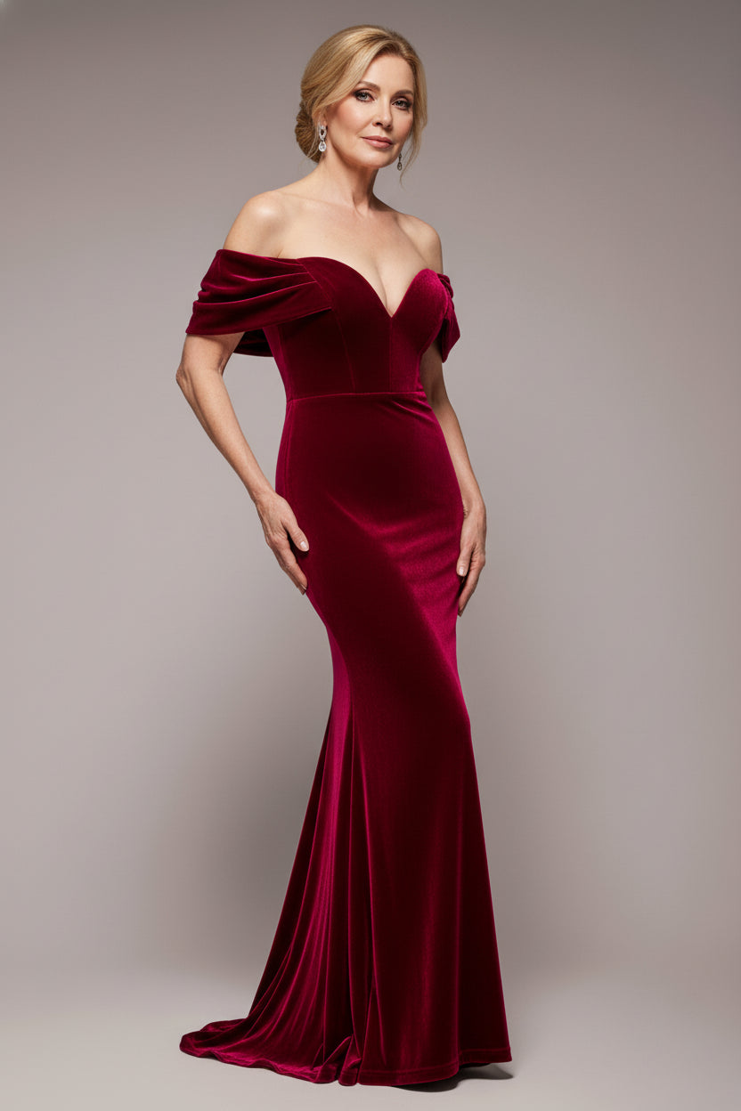 Off The Shoulder Deep Plunge Velvet Maxi Dress - Burgundy DR4692M
