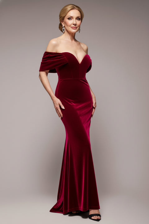 Off The Shoulder Deep Plunge Velvet Maxi Dress - Burgundy by Goddiva