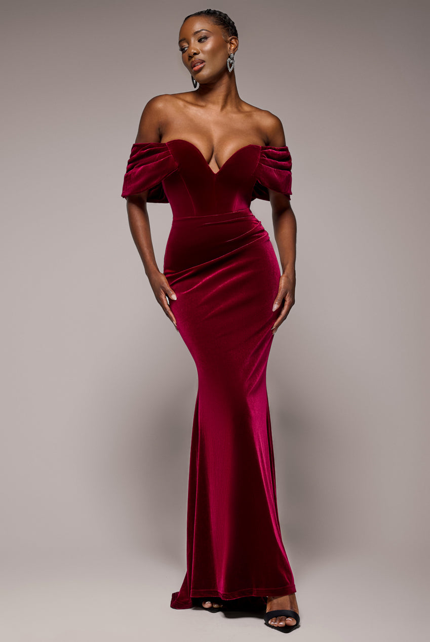 Off The Shoulder Deep Plunge Velvet Maxi Dress - Burgundy DR4692