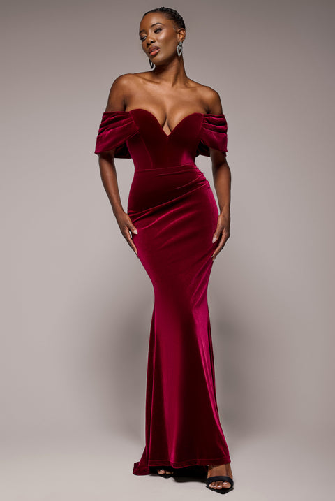 Off The Shoulder Deep Plunge Velvet Maxi Dress - Burgundy by Goddiva