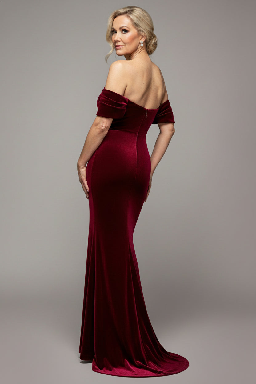Off The Shoulder Deep Plunge Velvet Maxi Dress - Burgundy DR4692M