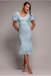 Scallop Lace Puff Sleeve Fit & Flare Midi Dress - Sky Blue by Goddiva