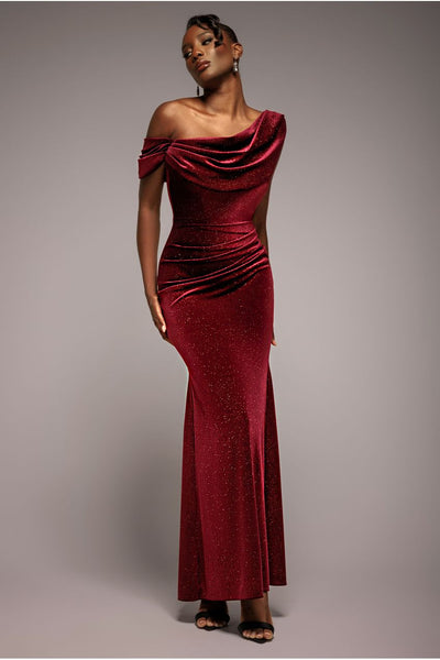 Wine - Glitter Velvet Cowl Neck Off The Shoulder Maxi Dress - Wine by Goddiva