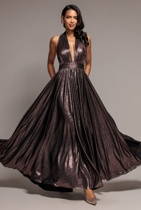 Sunrise Foil Halterneck A-Line Maxi Dress - Bronze by Goddiva