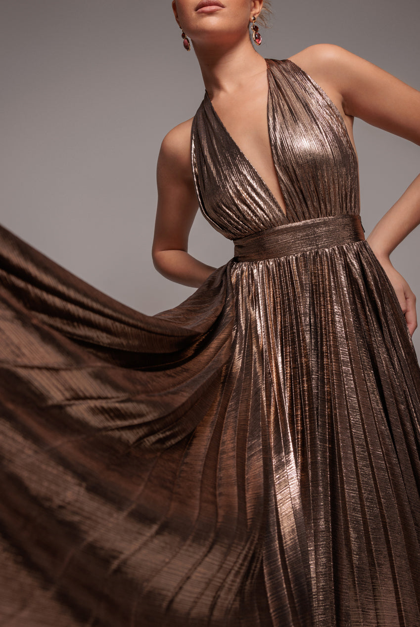 Sunrise Foil Halterneck A-Line Maxi Dress - Bronze DR4697