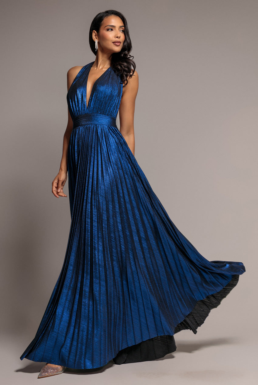 Open Back Sunrise Foil Halterneck A Line Maxi Dress - Navy Blue DR4697