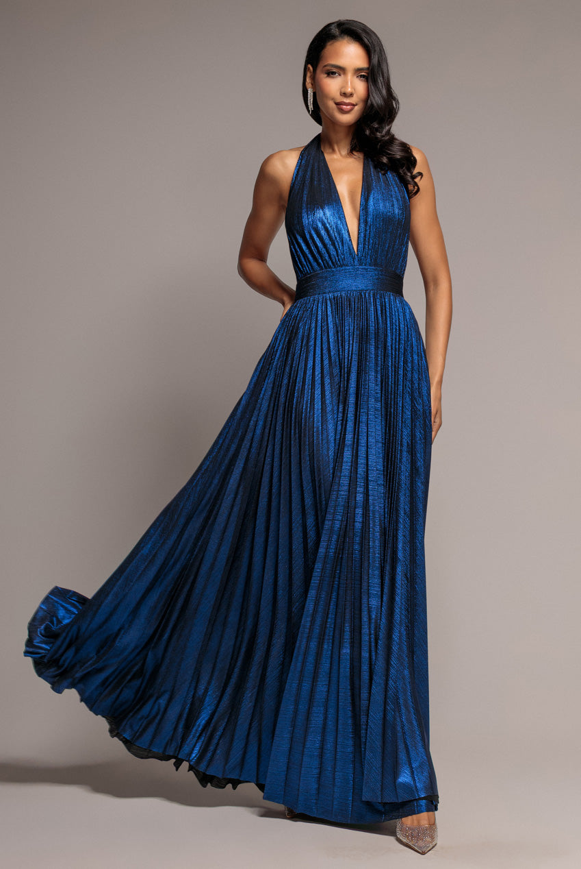 Open Back Sunrise Foil Halterneck A Line Maxi Dress - Navy Blue DR4697