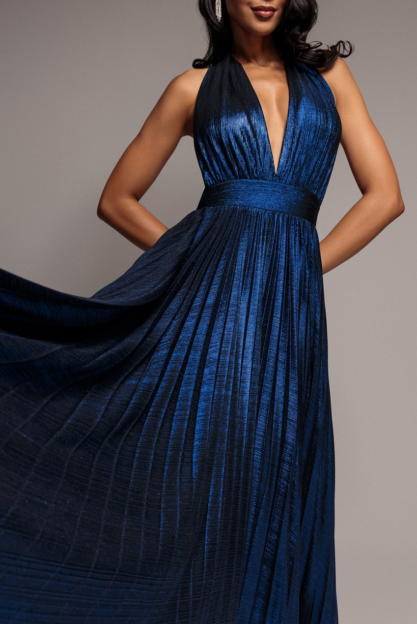 Open Back Sunrise Foil Halterneck A Line Maxi Dress - Navy Blue DR4697