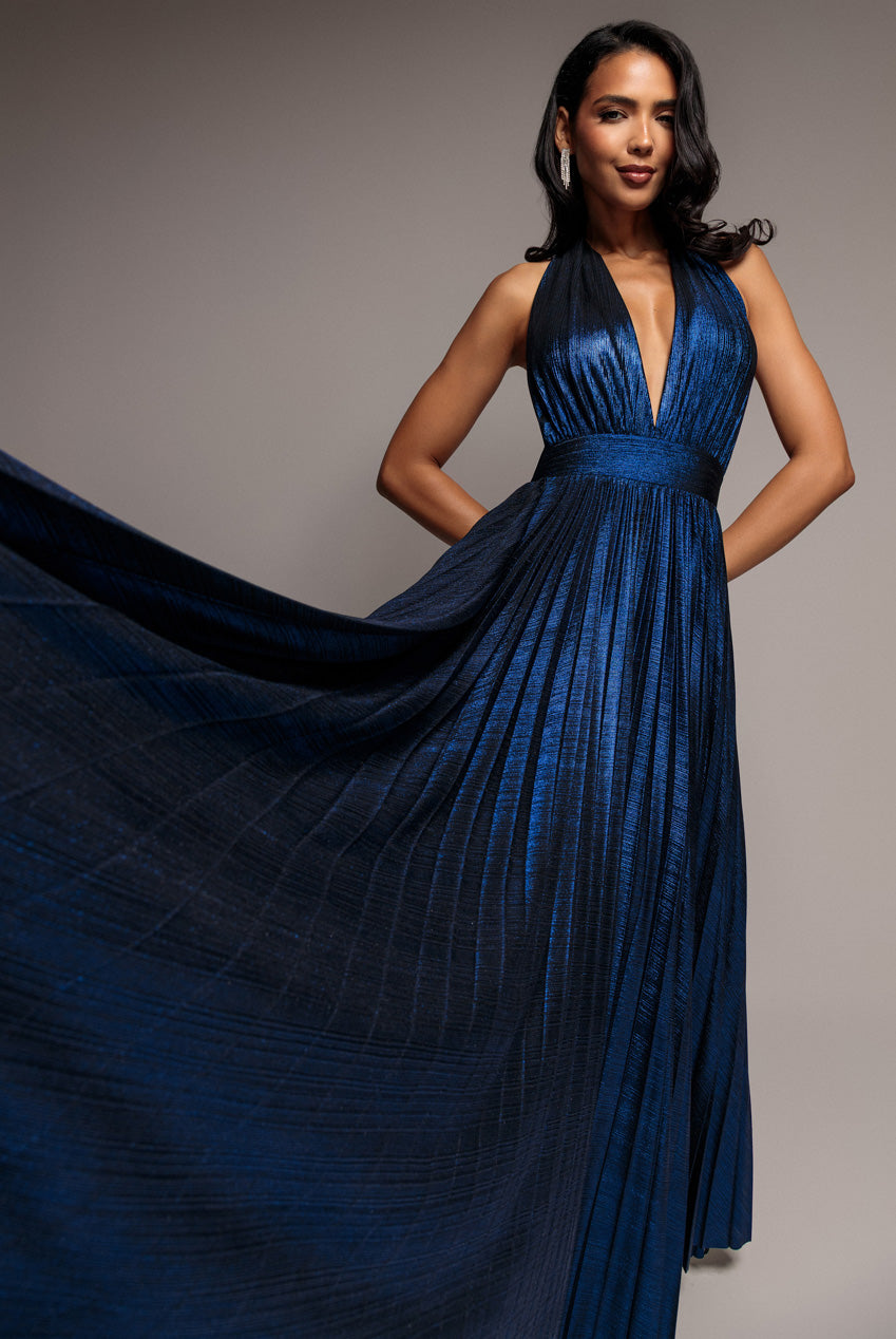 Open Back Sunrise Foil Halterneck A Line Maxi Dress - Navy Blue DR4697