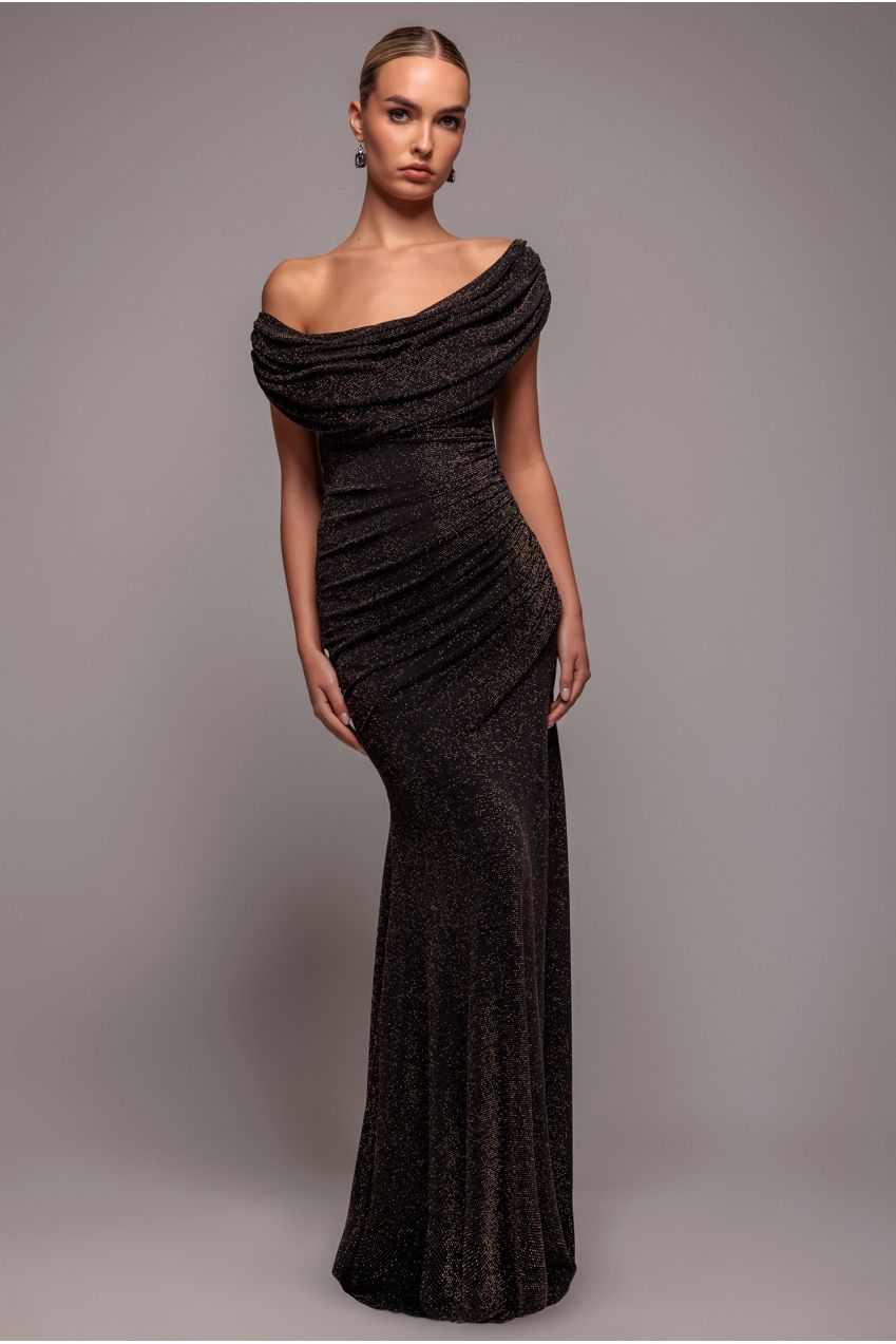 Sparkle Lurex Cowl Neck Off The Shoulder Maxi Dress - Black Gold | Goddiva Sparkle Lurex Cowl Neck Off The Shoulder Maxi Dress - Black Gold | Goddiva