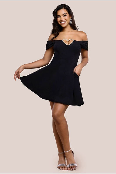 Black - Diamante Heart Trim A-Line Mini Dress - Black by Goddiva