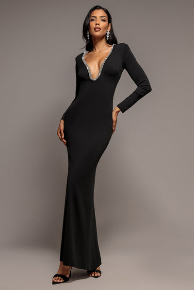 Black - Diamante Embellished Neck Bodycon Maxi Dress - Black by Goddiva