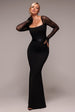 Dobby Mesh Feather Sleeve Evening Maxi Dress - Black by Goddiva