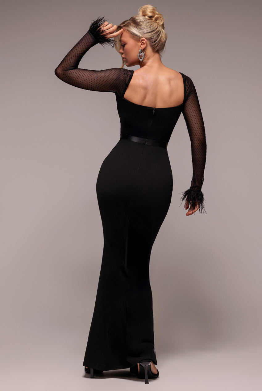 Dobby Mesh Feather Sleeve Evening Maxi Dress - Black DR4703