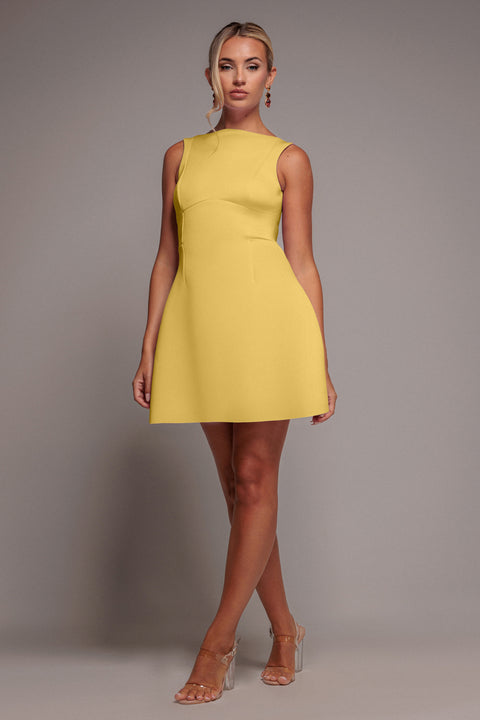 Boatneck Open Back Scuba Mini Dress - Lemon by Goddiva