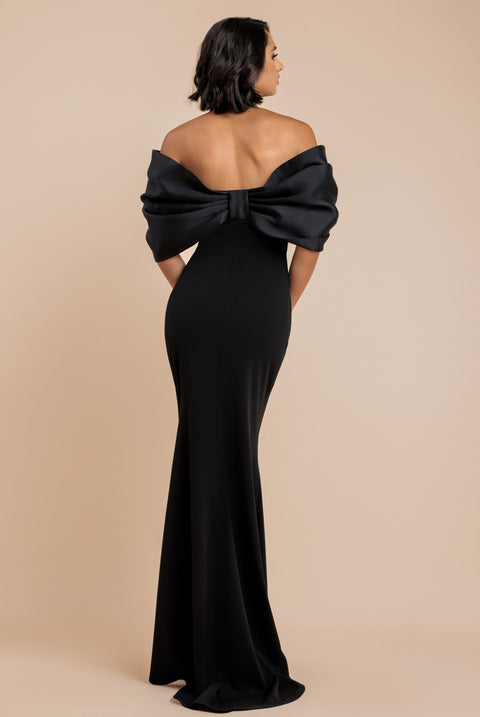 Off Shoulder Back Satin Bow Scuba Maxi Dress - Black by Goddiva