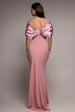 Off Shoulder Back Satin Bow Scuba Maxi Dress  - Blush Pink by Goddiva