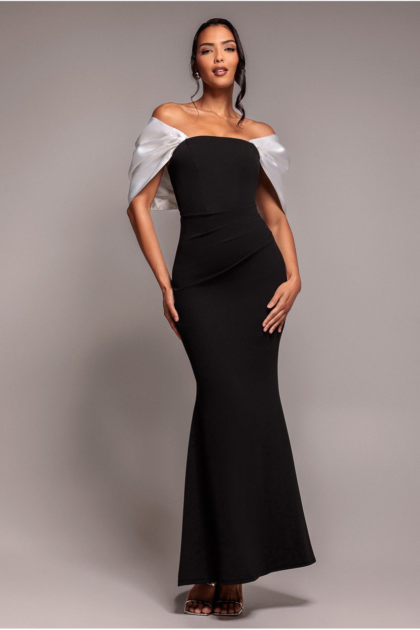 Contrast Off Shoulder Back Satin Bow Scuba Maxi Dress - Black Cream DR4708CONTRAST