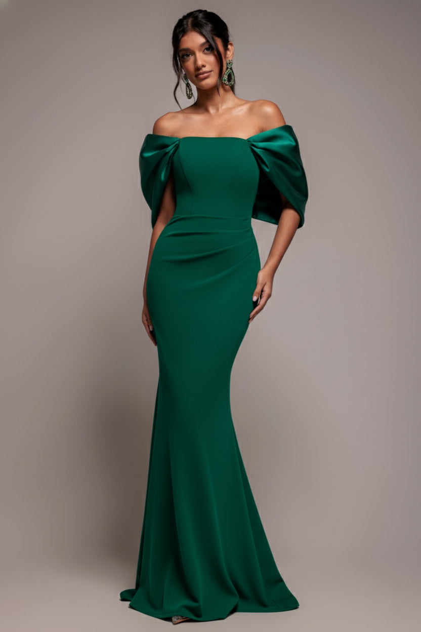 Off Shoulder Back Satin Bow Scuba Maxi Dress - Emerald Green DR4708