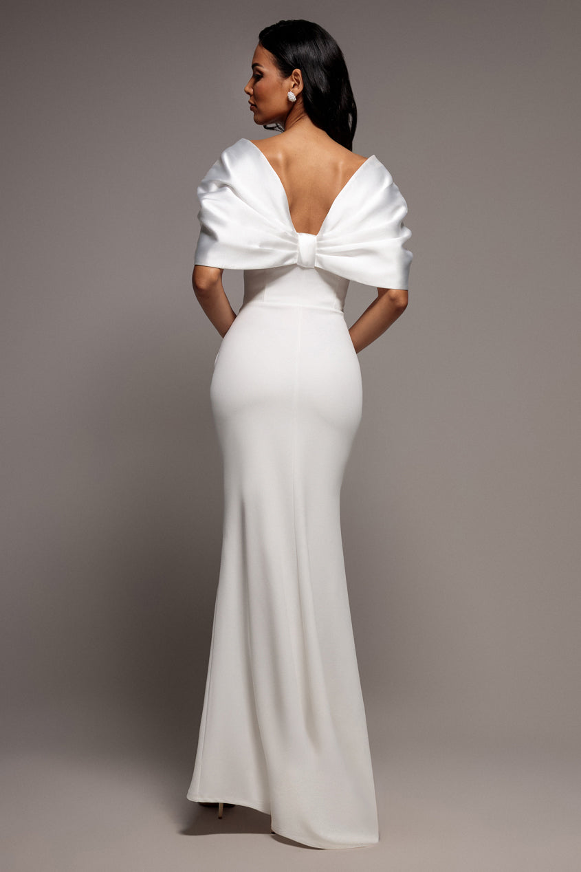 Off Shoulder Back Satin Bow Scuba Maxi Dress - White DR4708