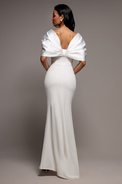 White - Off Shoulder Back Satin Bow Scuba Maxi Dress - White by Goddiva