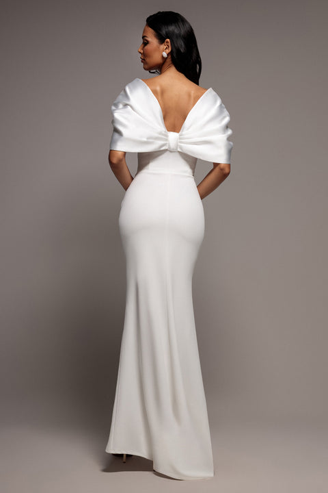 Off Shoulder Back Satin Bow Scuba Maxi Dress - White by Goddiva