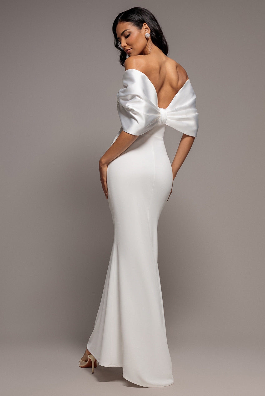 Off Shoulder Back Satin Bow Scuba Maxi Dress - White DR4708