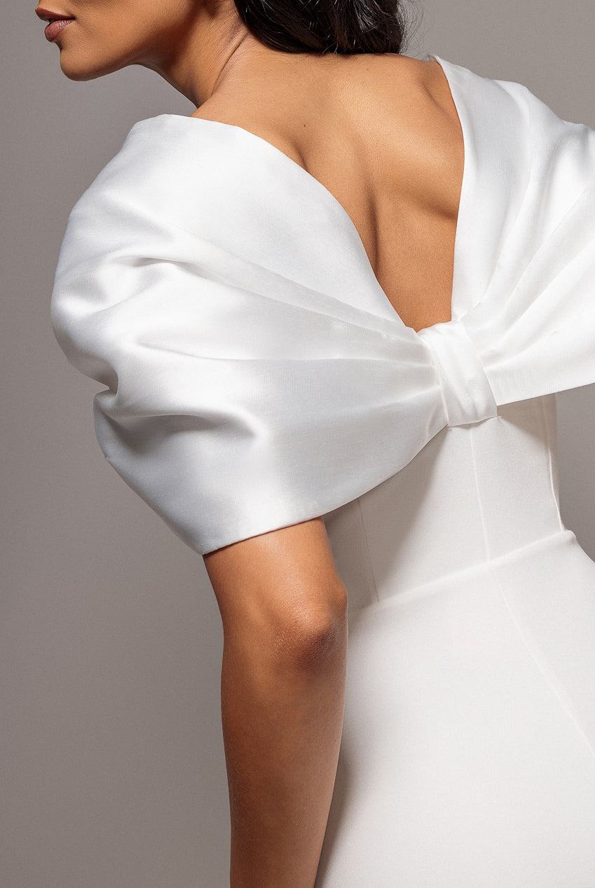 Off Shoulder Back Satin Bow Scuba Maxi Dress - White DR4708