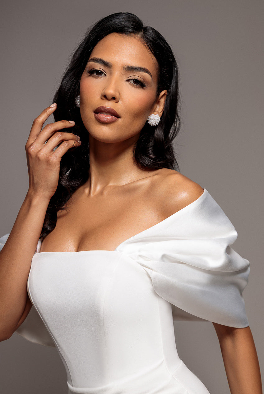 Off Shoulder Back Satin Bow Scuba Maxi Dress - White DR4708